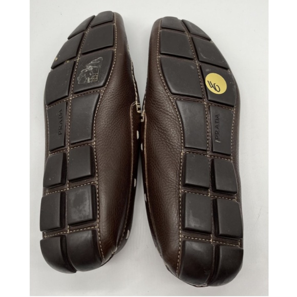 Prada Men\'s Brown Pebbled Leather Loafer w/ Beige Exposed Stitching sz 8.5